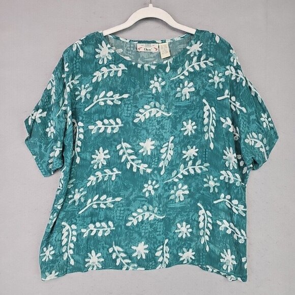 Vintage 90s Orvis Top Womens L Aqua Floral Shoulder Pads Travel Shirt 100% Rayon - Picture 1 of 7